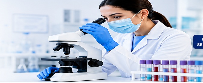 Profesional de laboratorio trabajando con microscopio